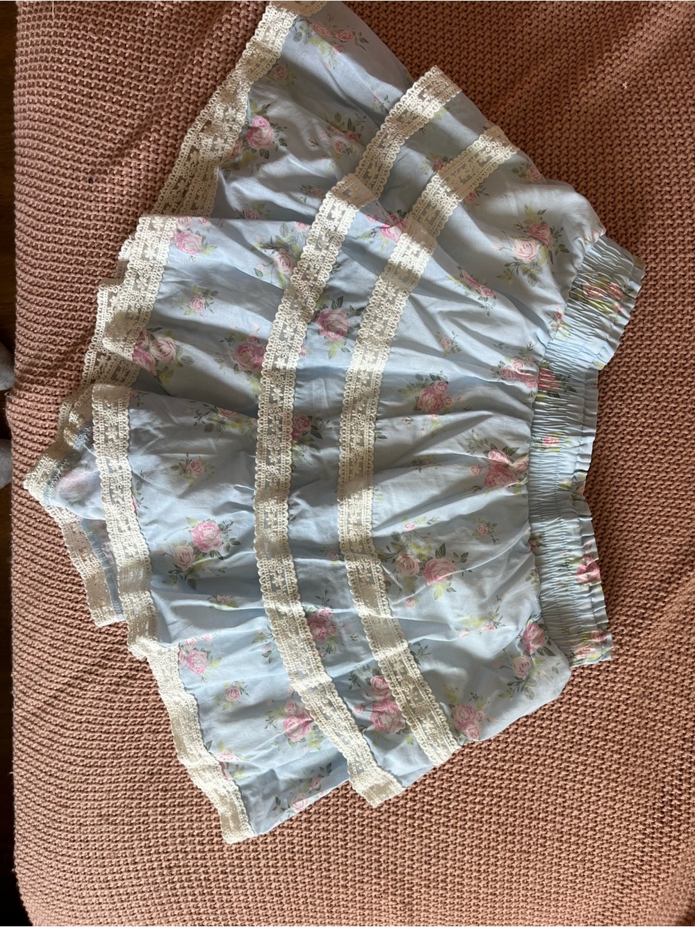 Altar'd State Light Blue Floral Lace Trim Mini Skirt